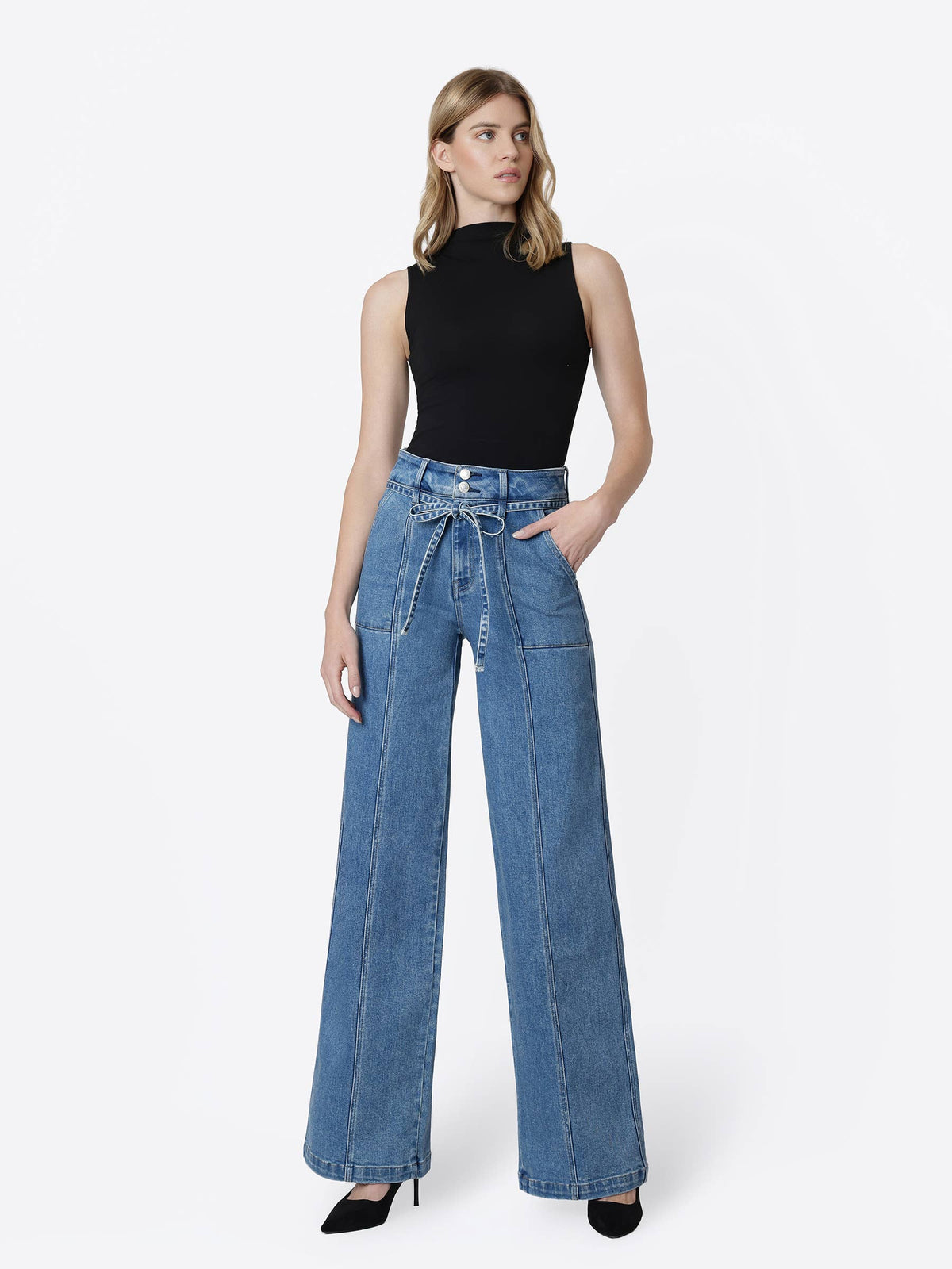 Super High Rise Tie Waist Band Wide Leg Jeans