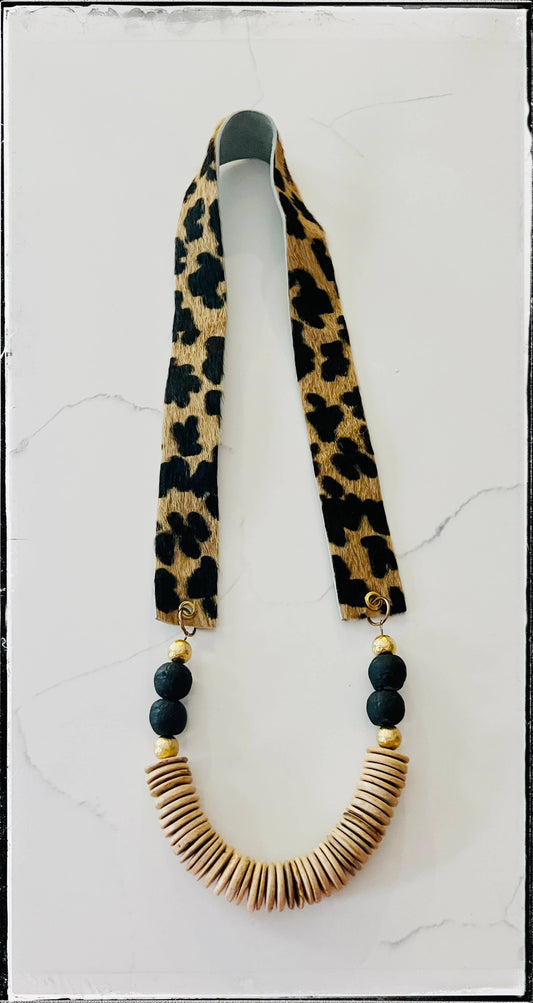 Leopard Hair Hide Fabric Strap Necklace Coconut & Glass Bead
