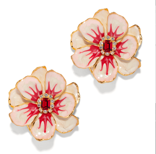 Large Jewel Box Floral Earrings: Red Pearl