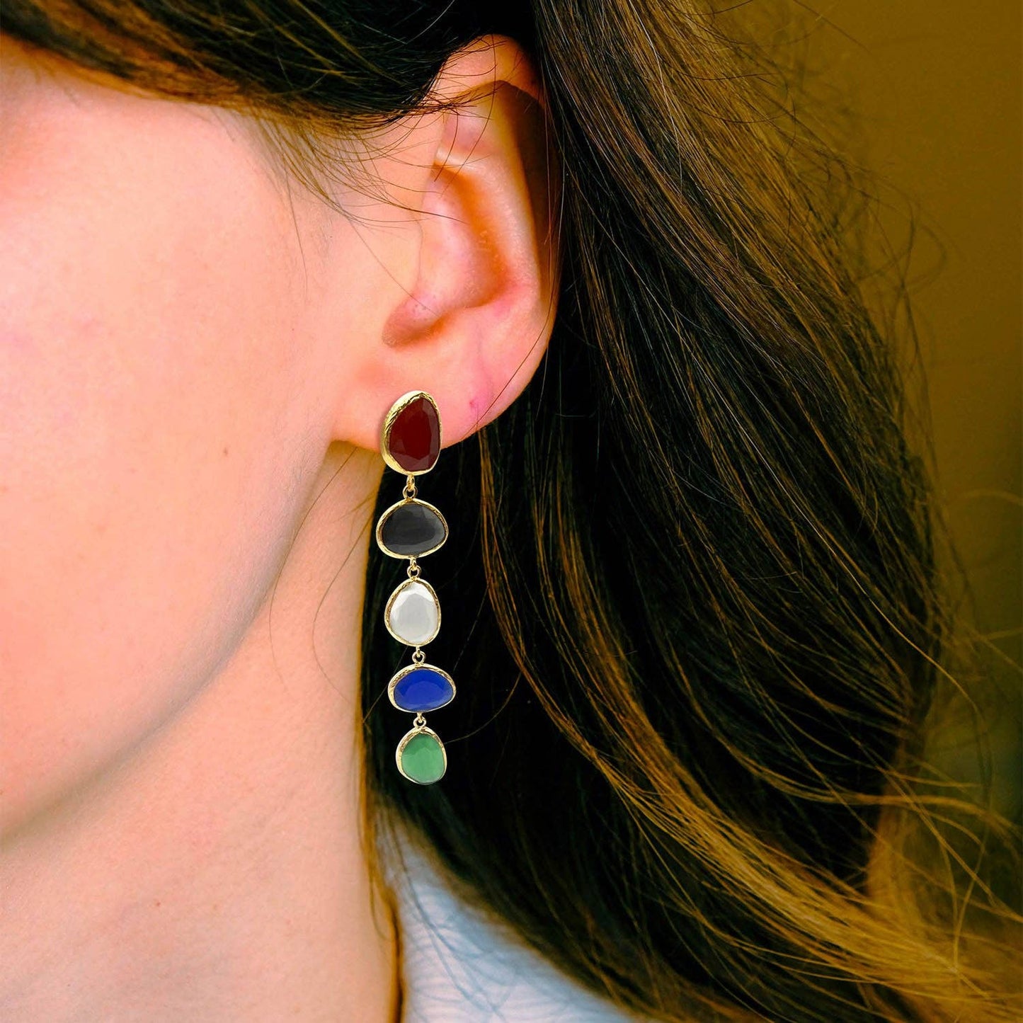 Cadenza Gold Plated Brass Drop Earrings With Multi-Color Cat'S Eye