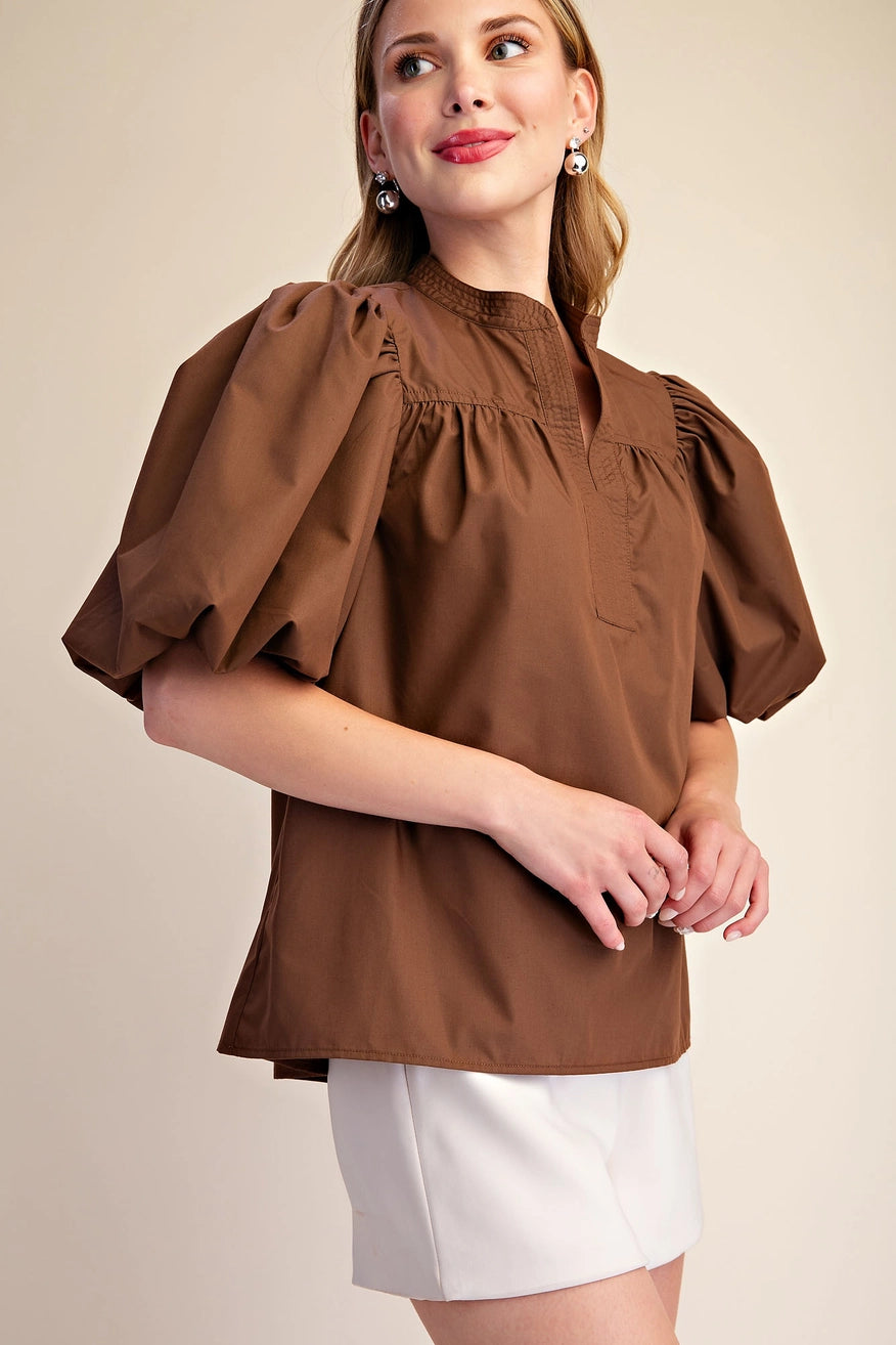 V-Neck Brown Bubble Sleeve Top