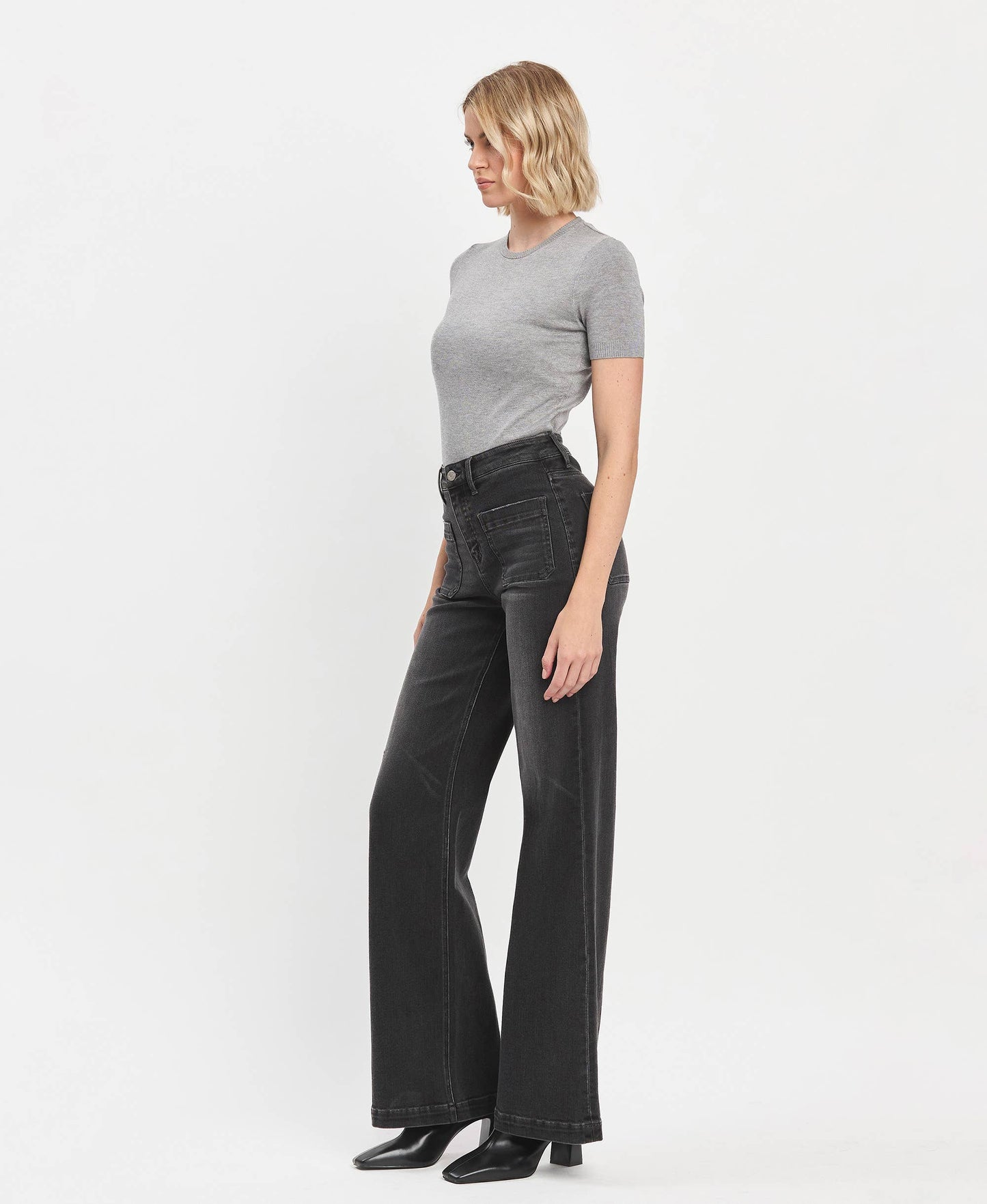 High Rise Patch Pocket Black Wide Trouser Jeans