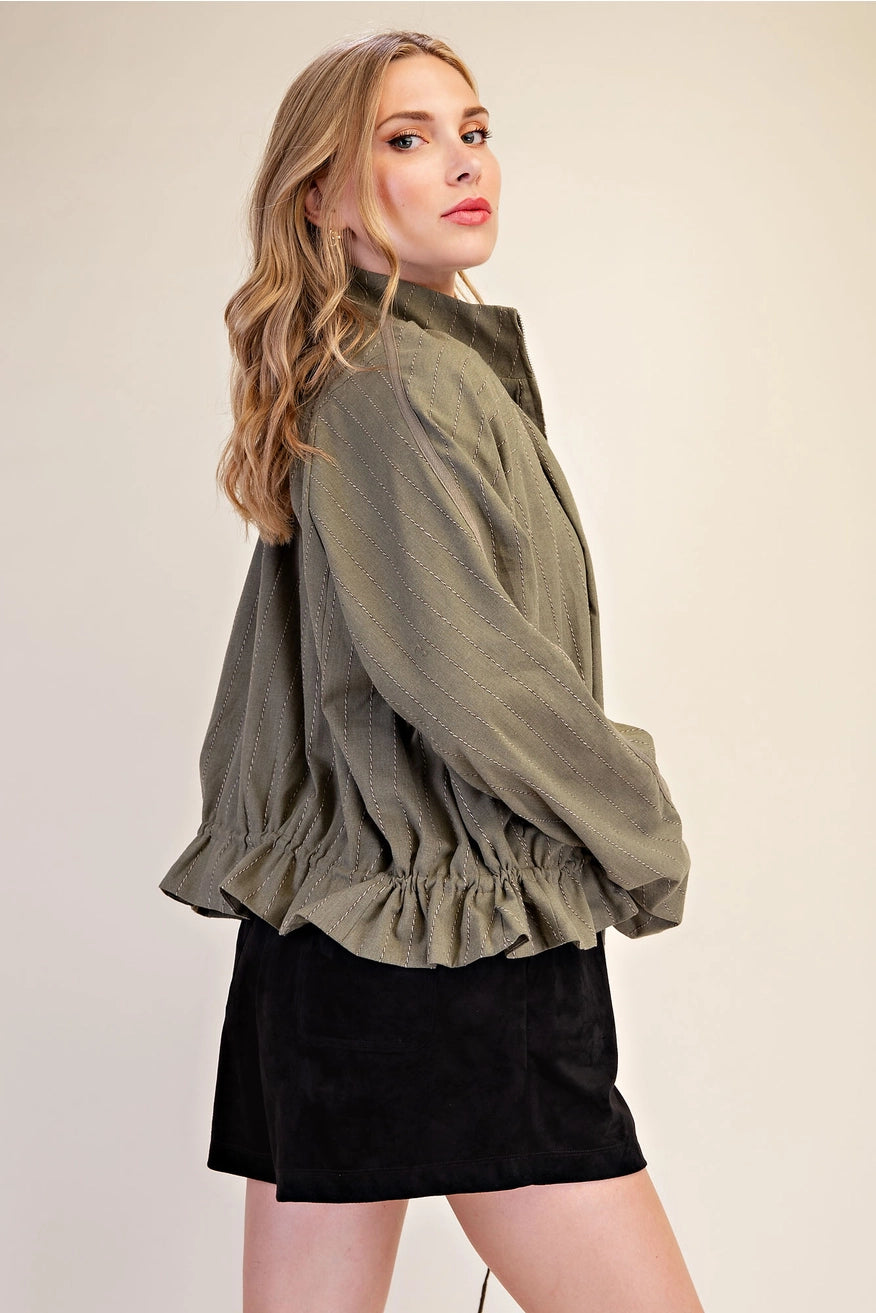Double Zipper Funnel Neck Jacket - Olive
