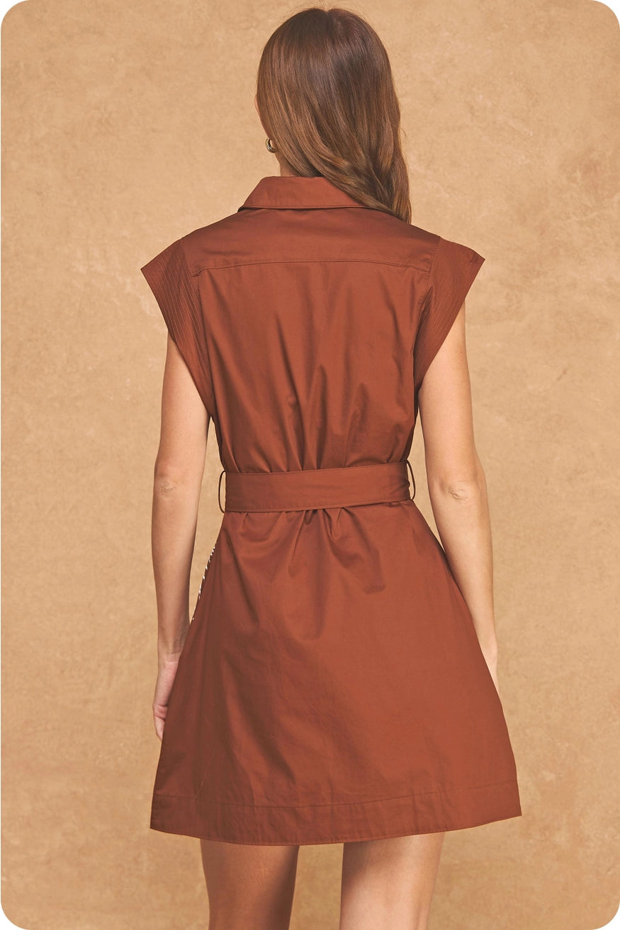 Embroidered Sleeveless Shirt Mini Dress - Brown/Off-White