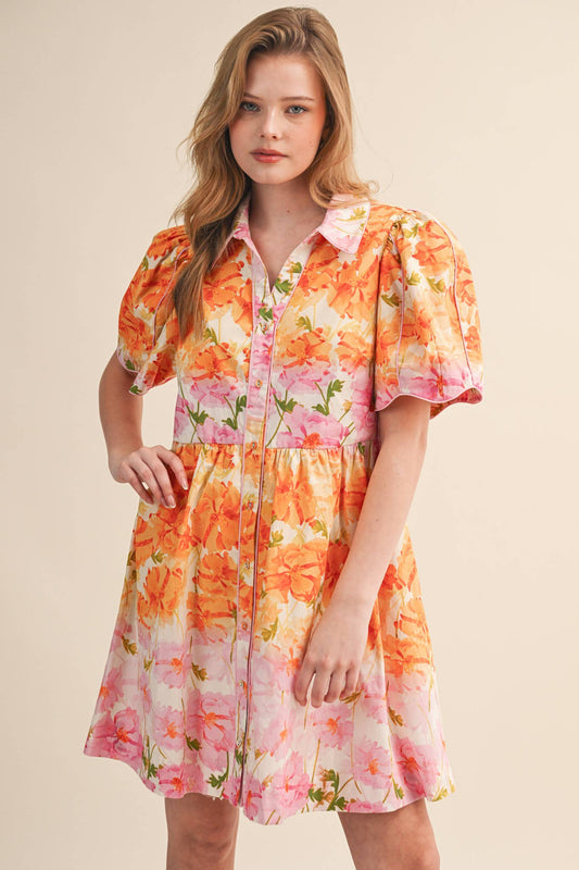 Orang/Pink Floral Button Down Mini Dress
