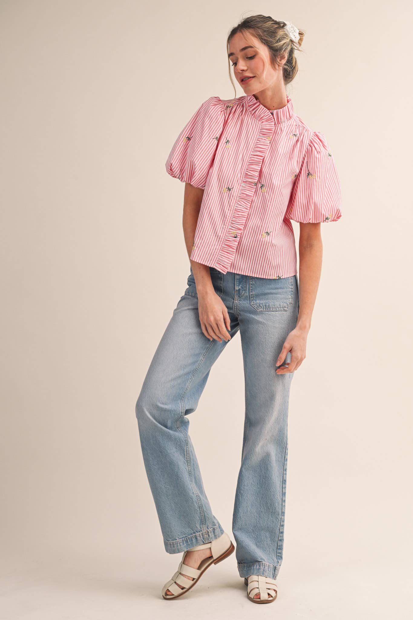 Floral Embroidery Striped Top