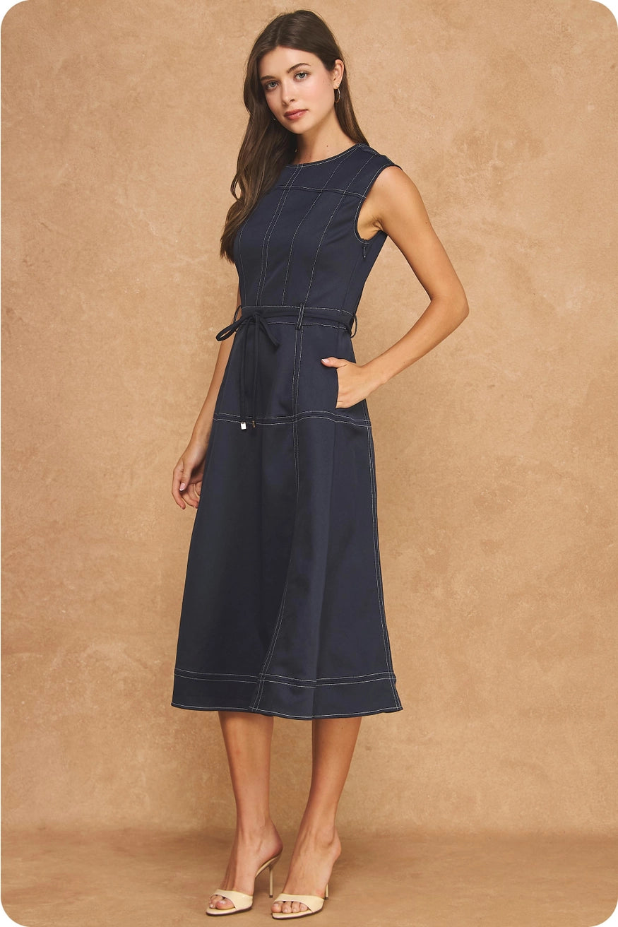 Navy slvls Midi Dress w/Belt