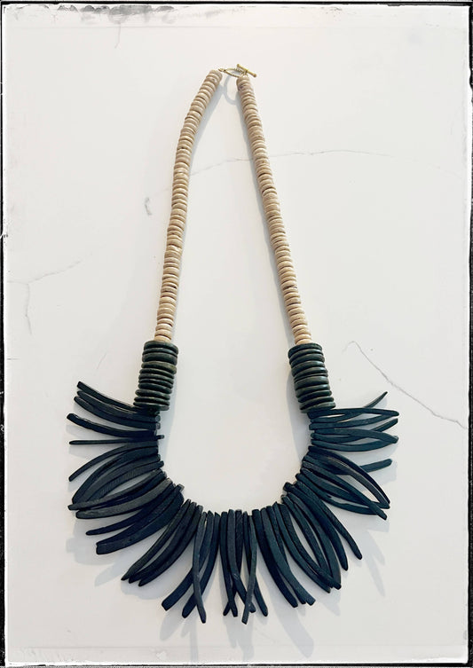 Black & Tan Coconut Wood Stick & Disk Bead Midi Necklace