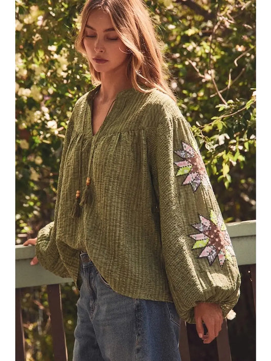 Olive CrinkledTop w/Embroidered Sleeve