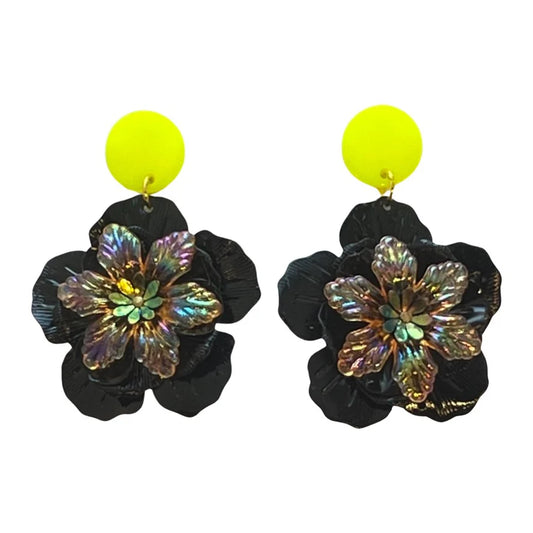 Metal Flower Earrings - Black