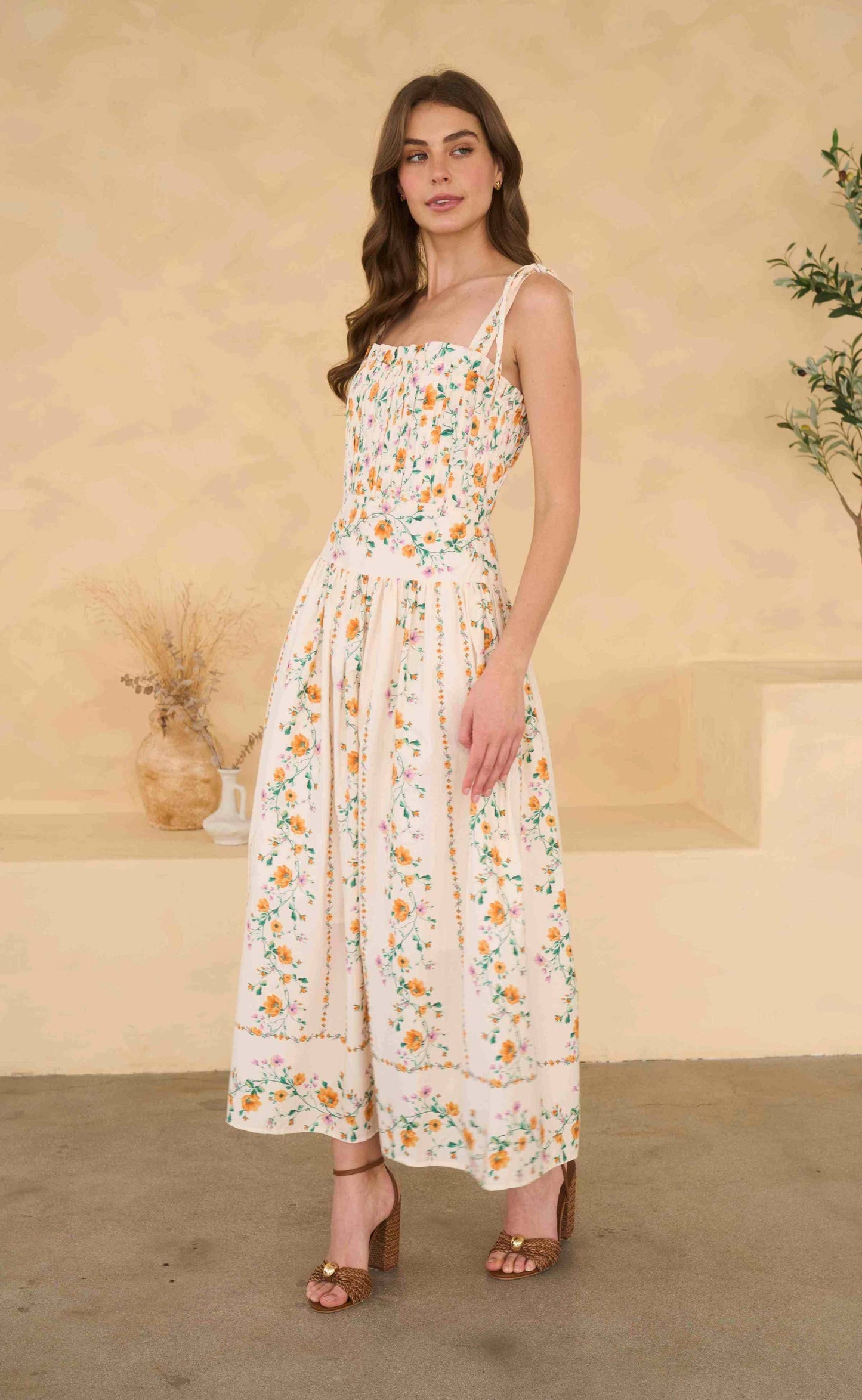 Floral Garland Tie Strap Pleated Midi Dress