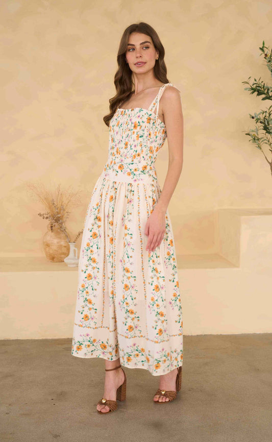 Floral Garland Tie Strap Pleated Midi Dress