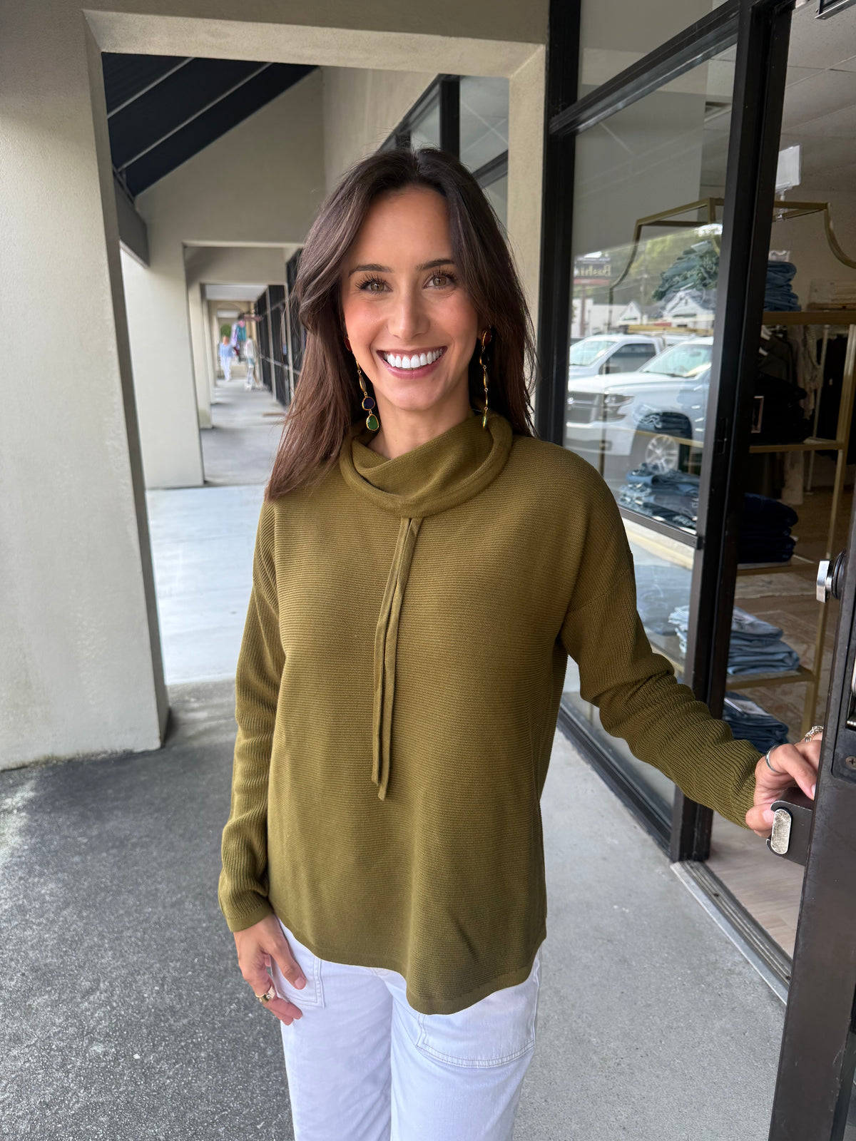 Mock Neck Sweater with Pull Tie - Olive