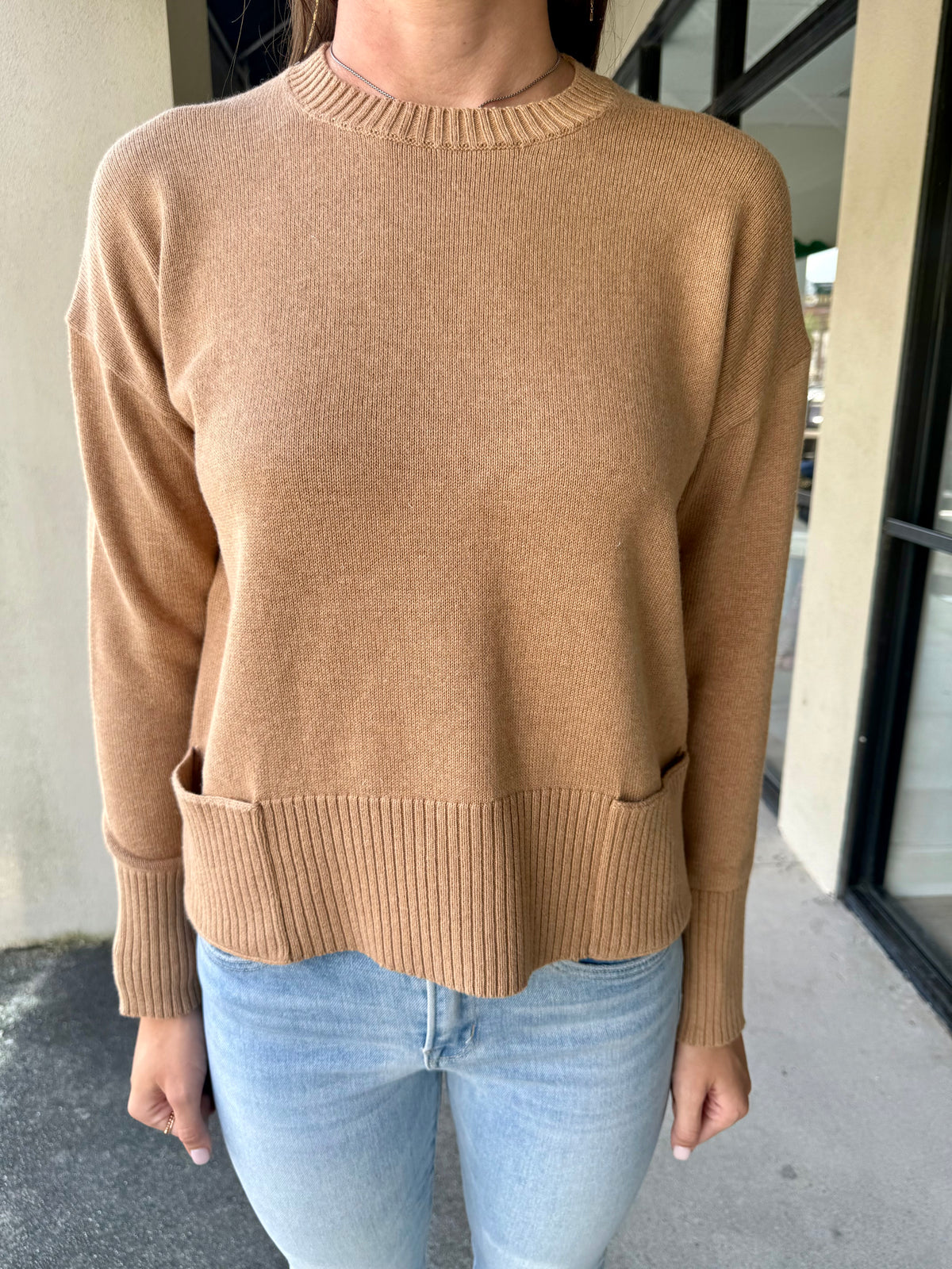 Camel Crew Neck Sweater w/Front pockets