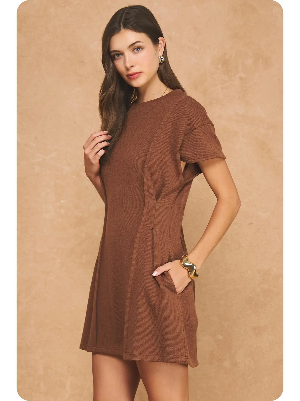 Ribbed Knit Pintuck Mini Dress - Chocolate