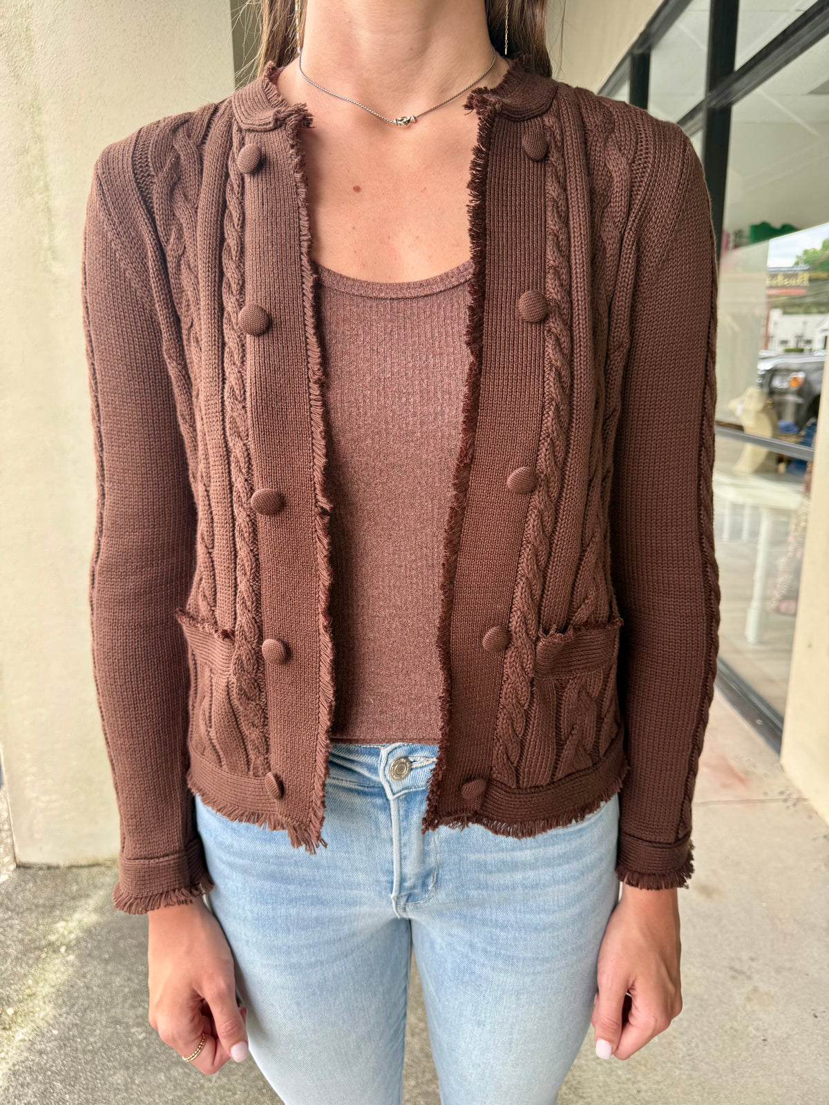 Chocolate Cardigan with Fringe Detail