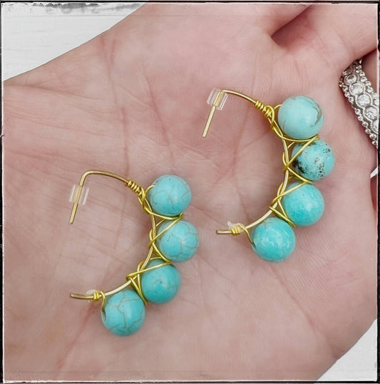 Small Hoop Gemstone Bead Dangle Earrings Huggie Turquoise