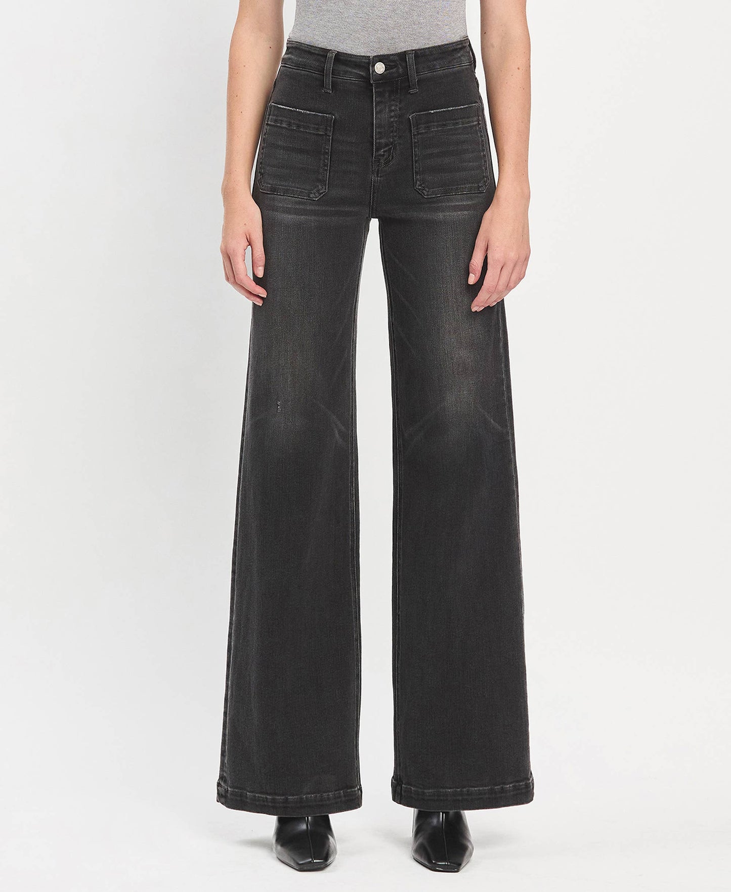 High Rise Patch Pocket Black Wide Trouser Jeans