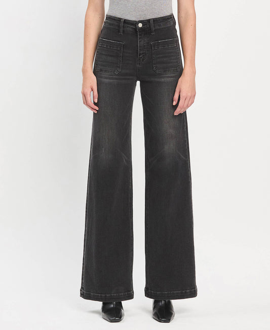 High Rise Patch Pocket Black Wide Trouser Jeans
