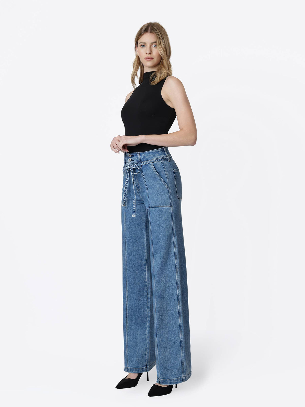 Super High Rise Tie Waist Band Wide Leg Jeans