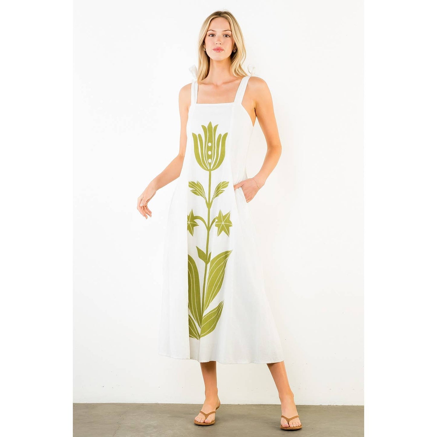Tie Strap Square Neck Print Midi Dress