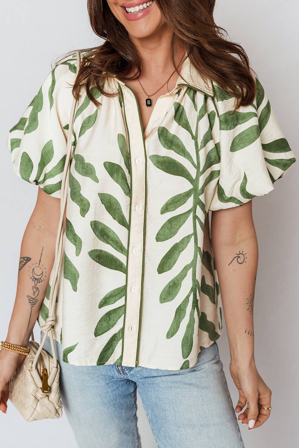 Green Leaf Print Short Sleeve Shirt
