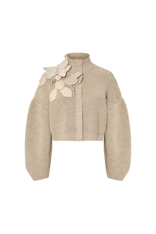 Funnel Neck Cardigan with Floral Detail