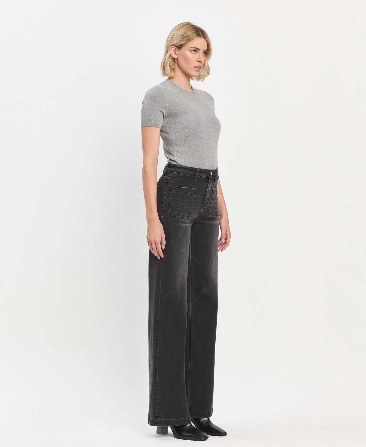 High Rise Patch Pocket Black Wide Trouser Jeans