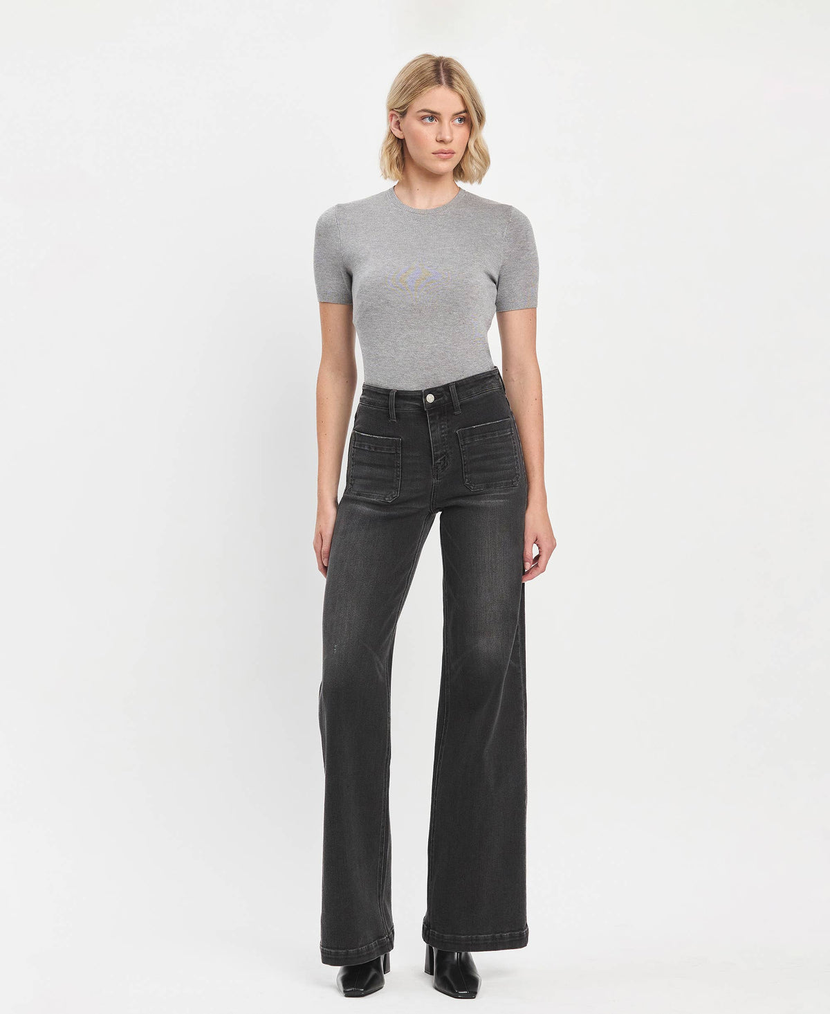 High Rise Patch Pocket Black Wide Trouser Jeans