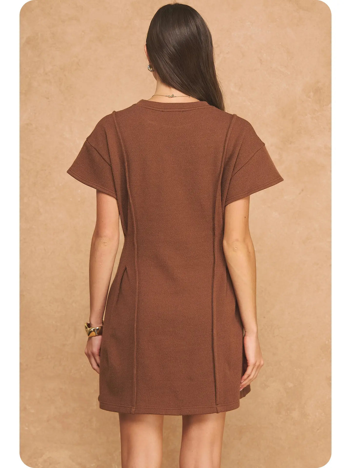 Ribbed Knit Pintuck Mini Dress - Chocolate