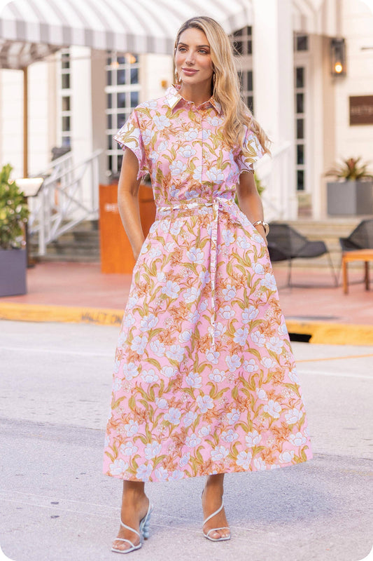Floral Print Block Shirt Midi Dress: Pink/white Multi