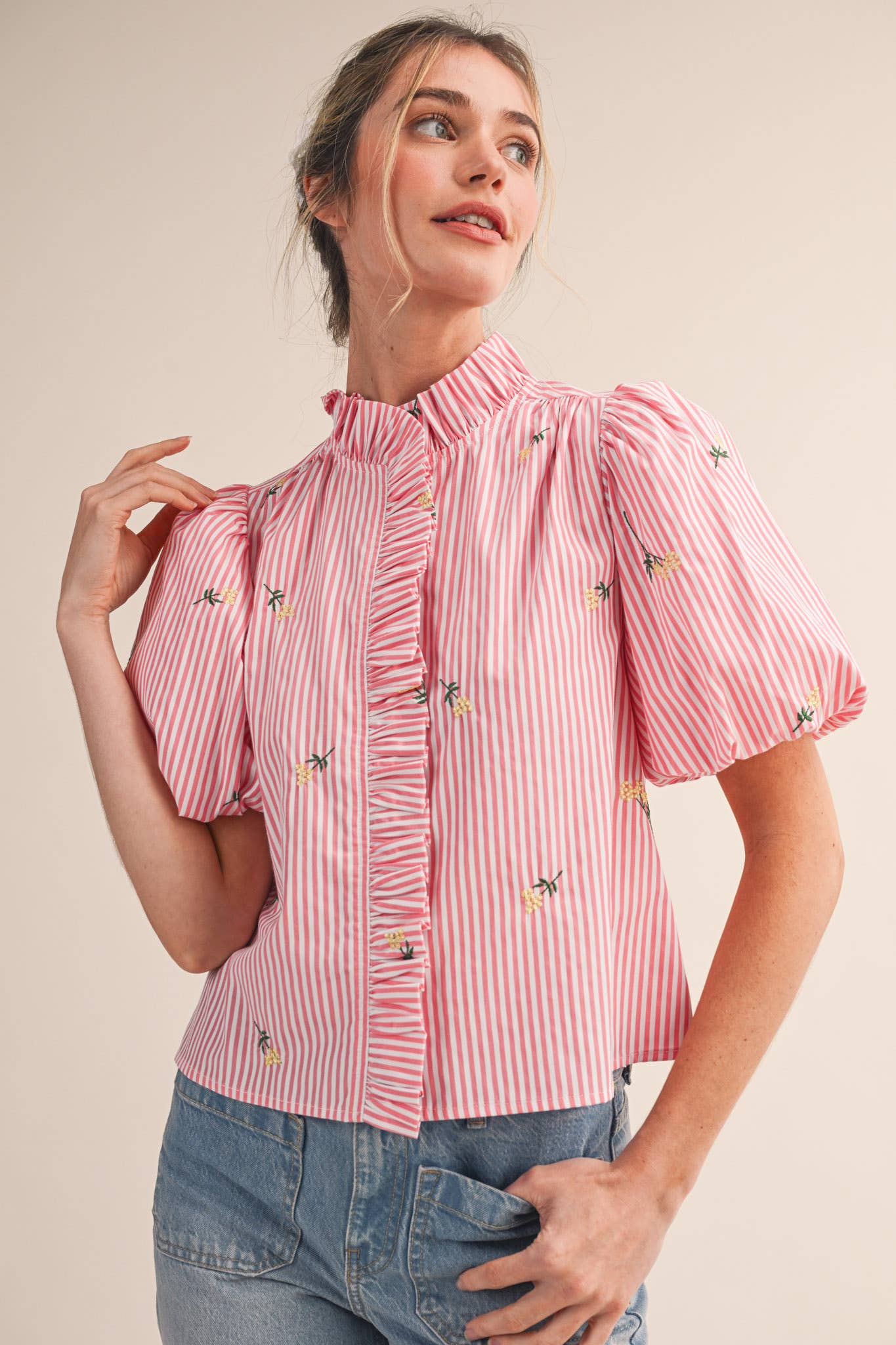 Floral Embroidery Striped Top