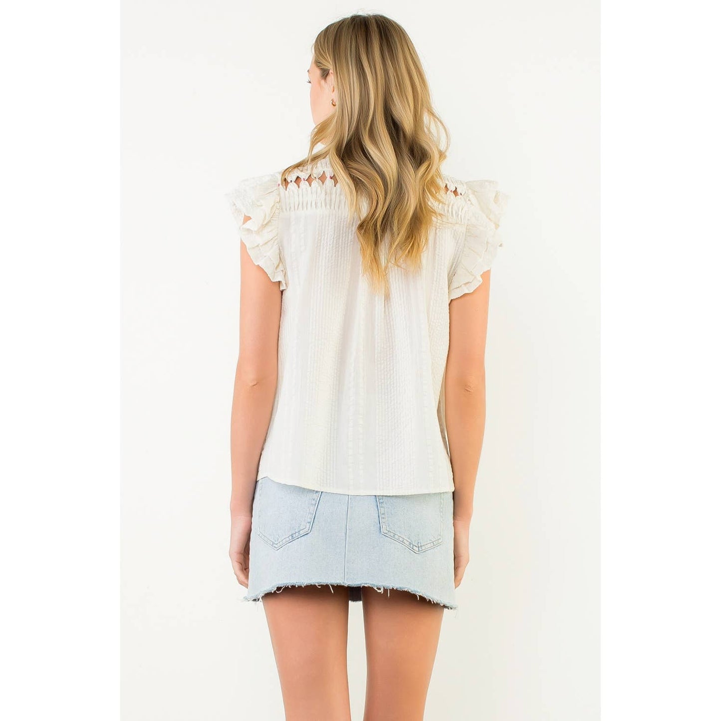 Embroidered Cutout Ruffle Sleeve Button Top