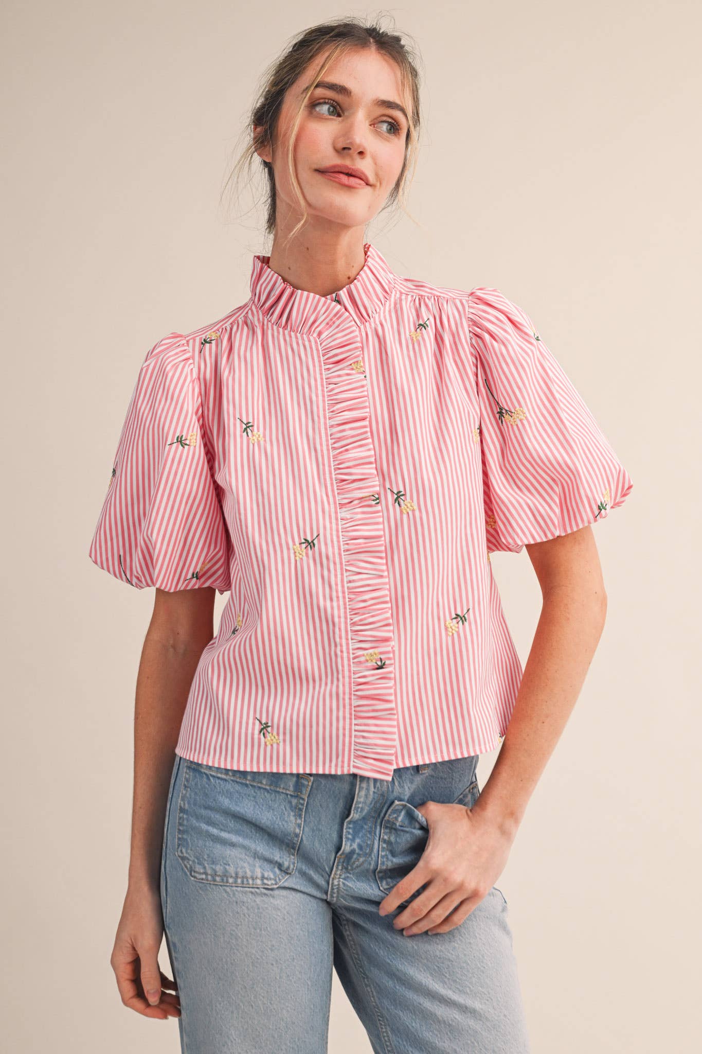 Floral Embroidery Striped Top