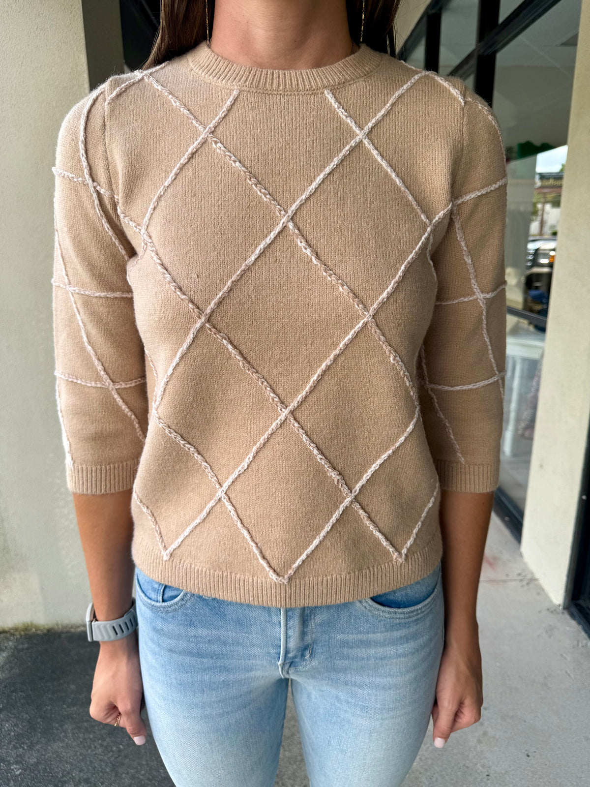 Quarter Sleeve Sweater w/Trellis Stitching