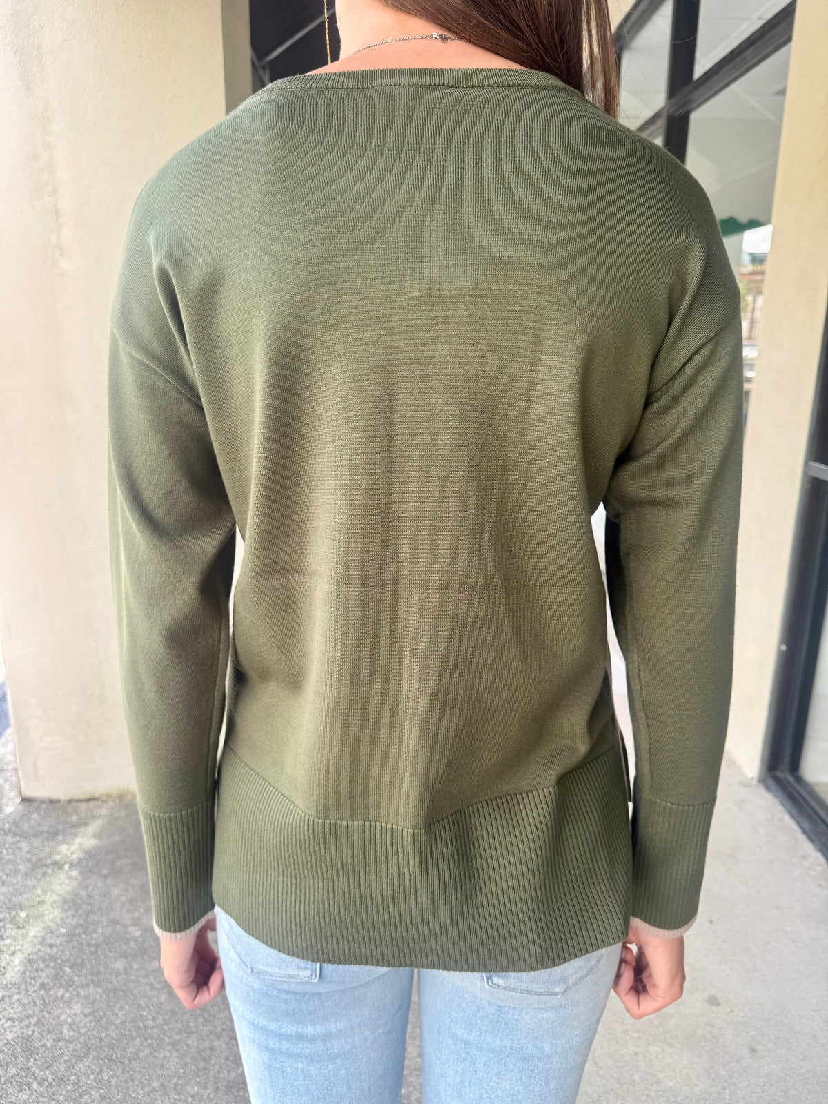 Green Sweater w/Neutral Side Stripe