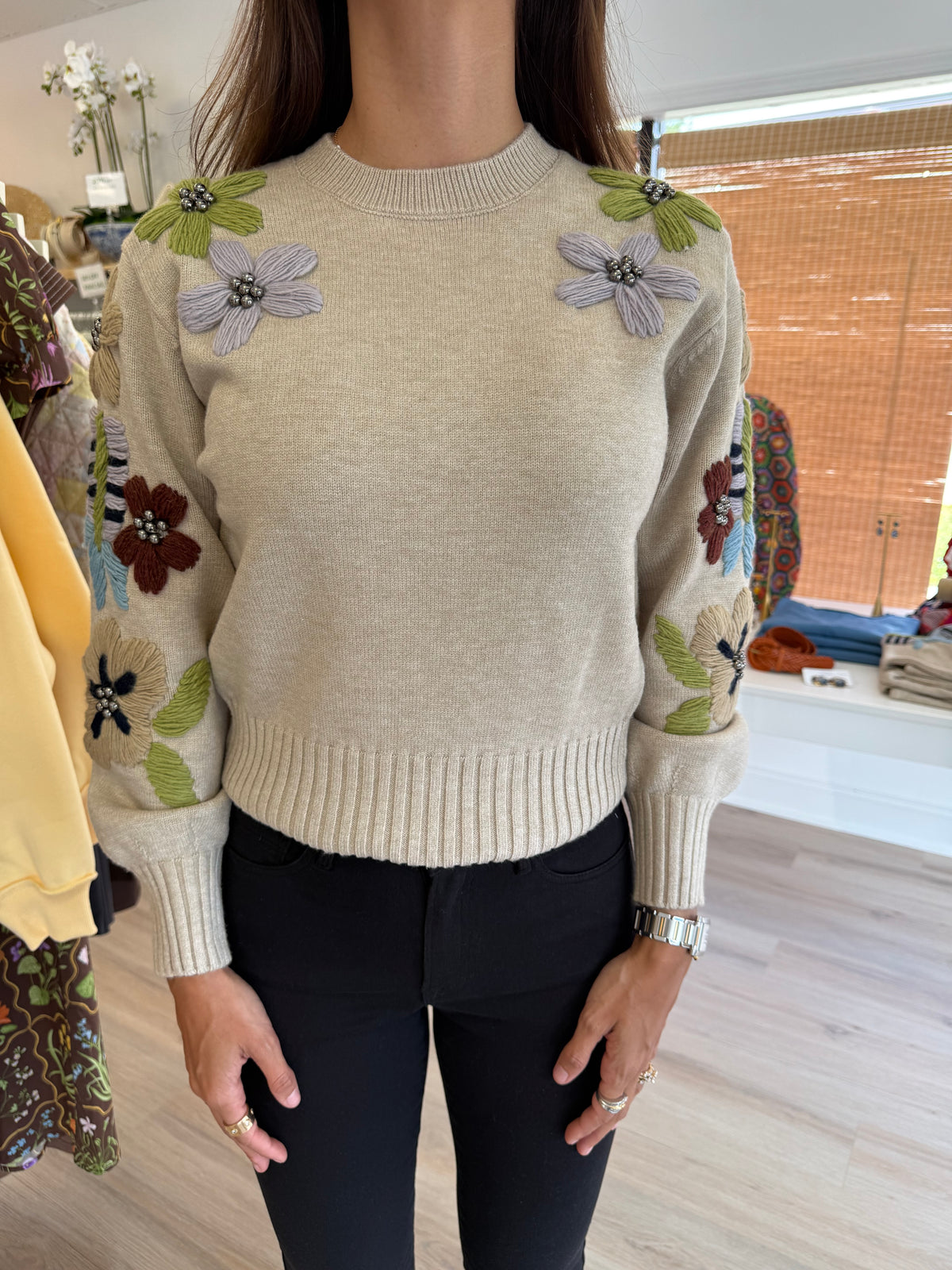 Tan Sweater w/Floral Embroidery