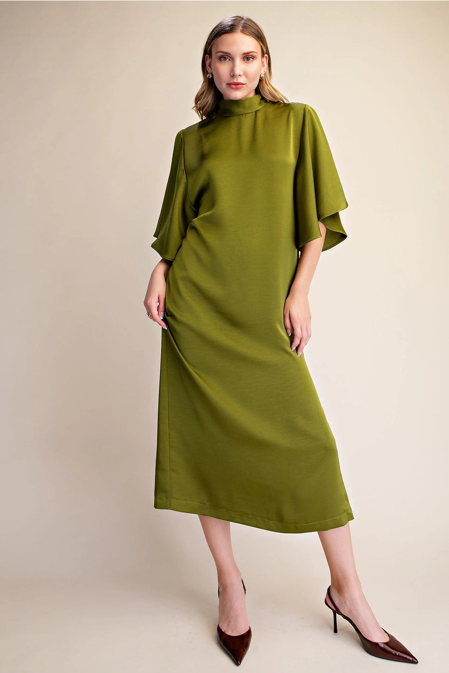 Flowy Satin Tie Back Midi Dress - Olive