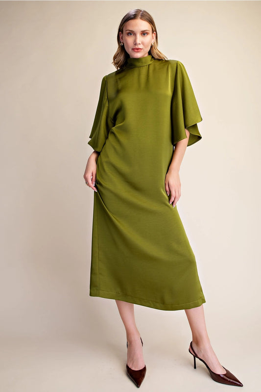 Flowy Satin Tie Back Midi Dress - Olive