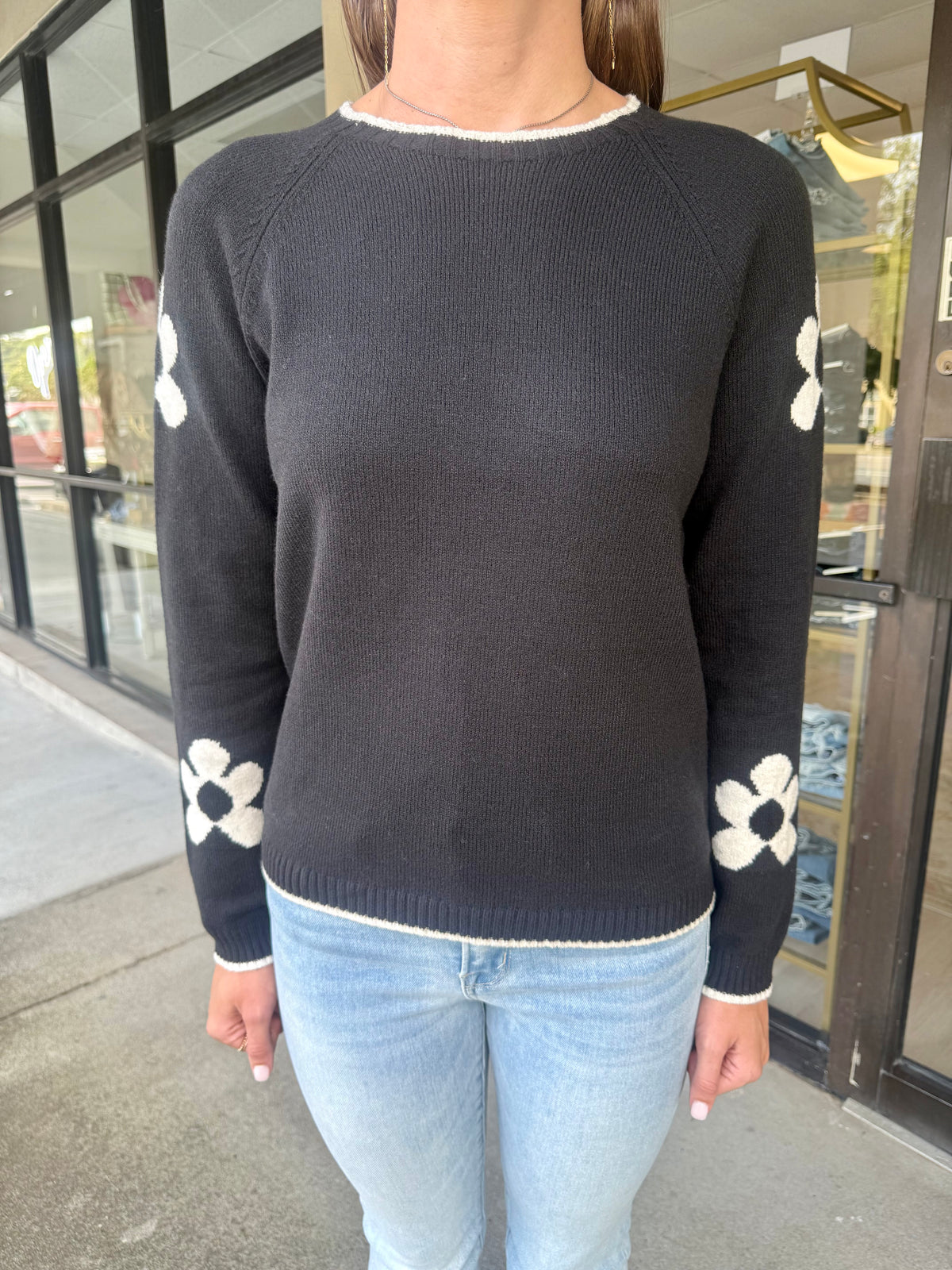 Crew Neck Black sweater w/White Flowers