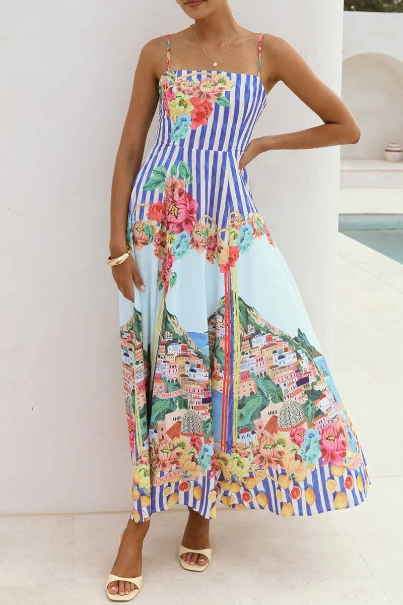 Floral Striped Spaghetti Strap Maxi Dress