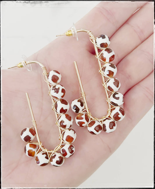 Wire Wrap Open Hoop Bead Dangle Earring Dzi Agate Giraffe