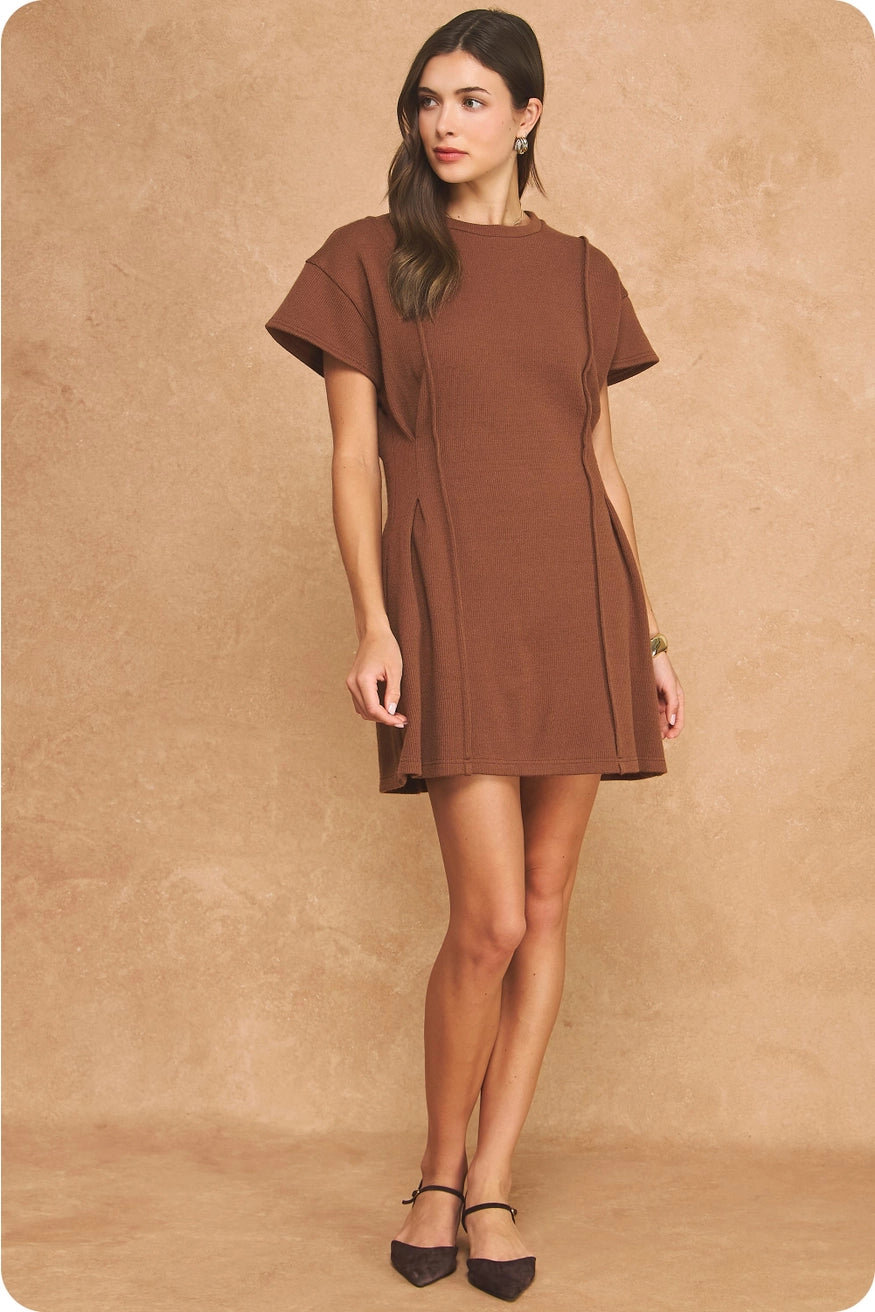 Ribbed Knit Pintuck Mini Dress - Chocolate