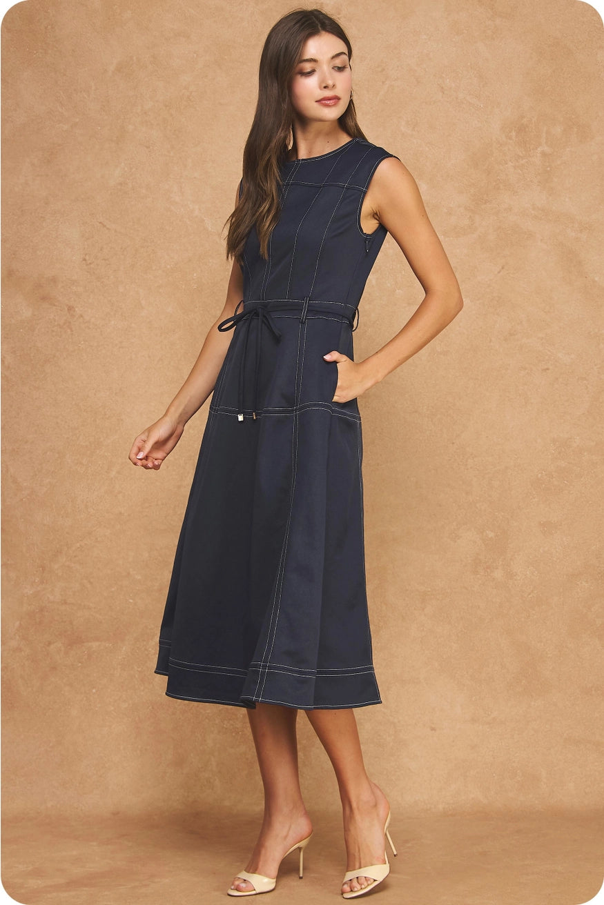 Navy slvls Midi Dress w/Belt