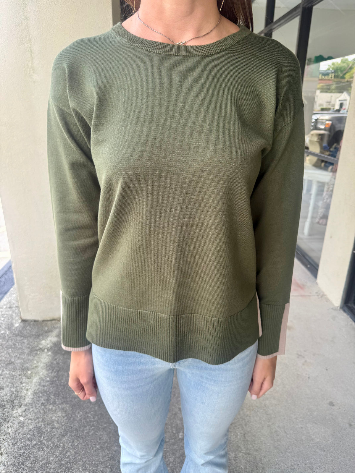 Green Sweater w/Neutral Side Stripe