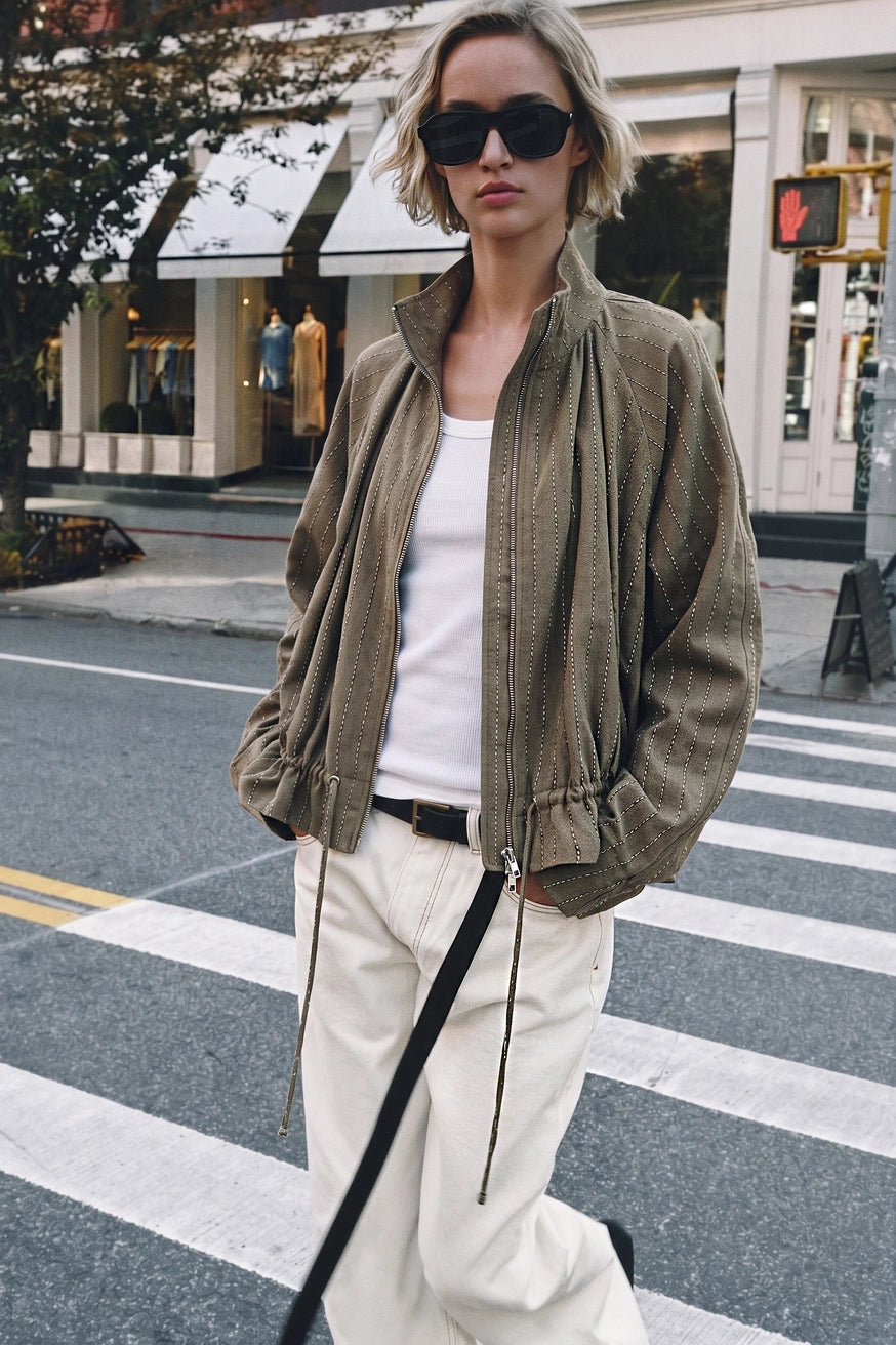 Double Zipper Funnel Neck Jacket - Olive