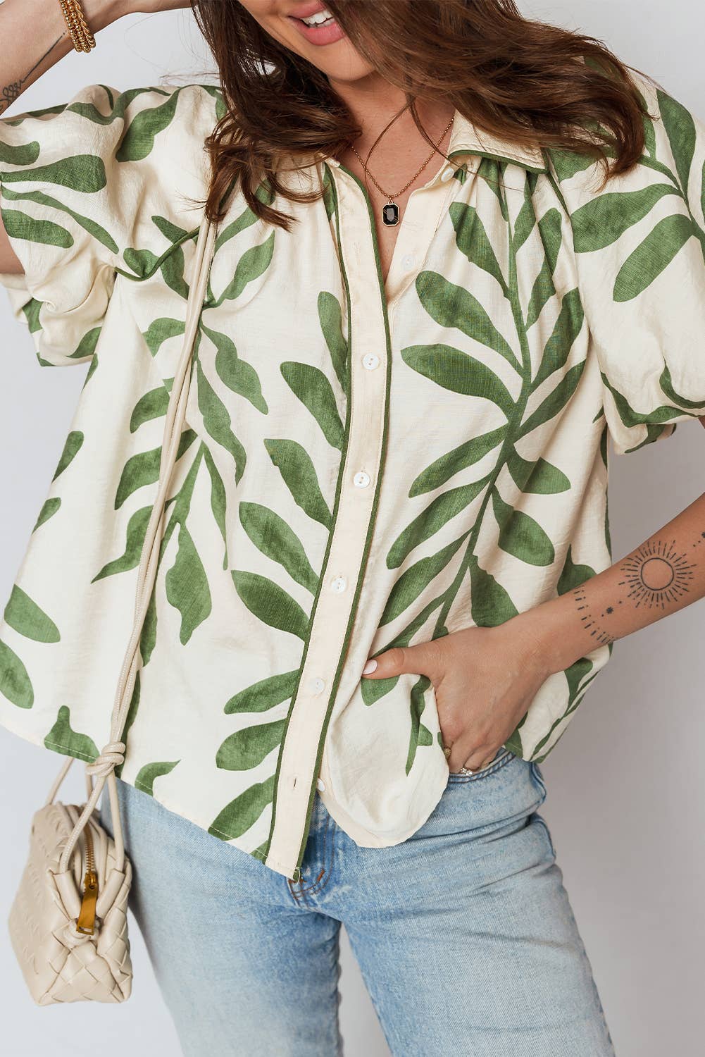 Green Leaf Print Short Sleeve Shirt
