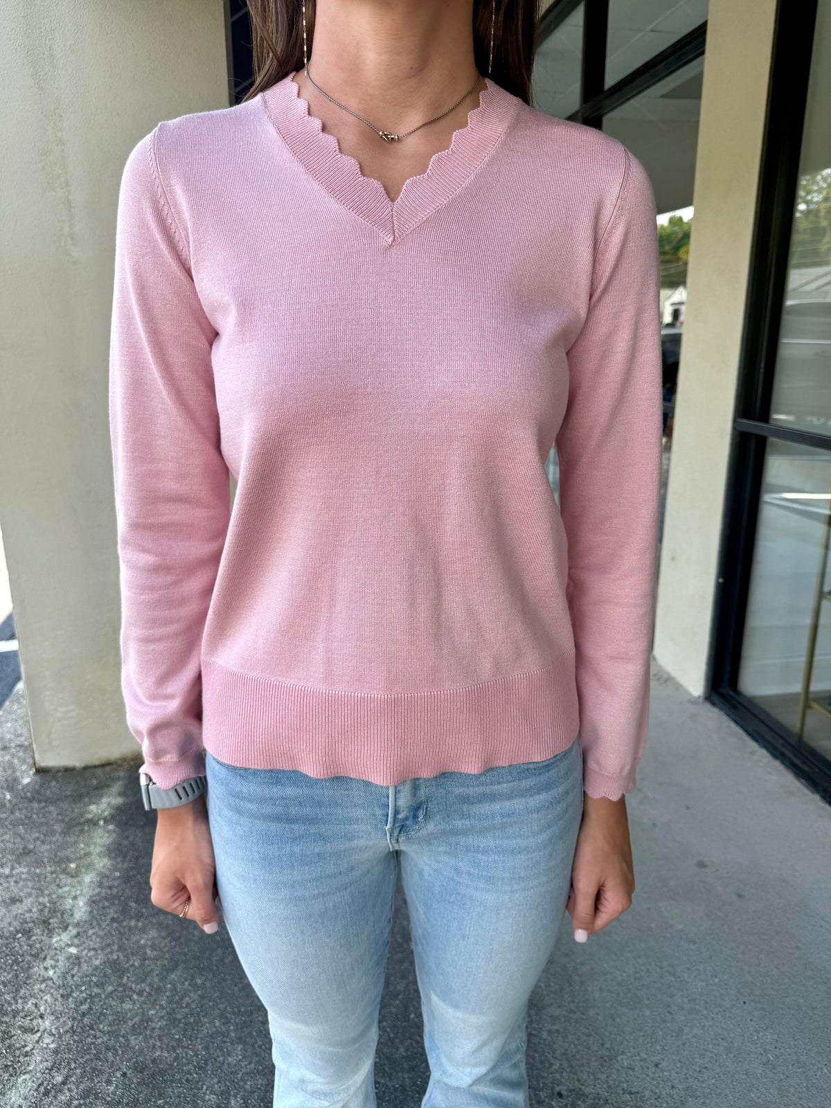 Pink Scallop V-Neck Sweater