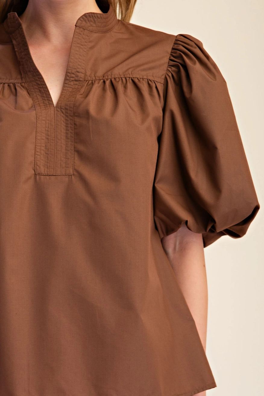 V-Neck Brown Bubble Sleeve Top