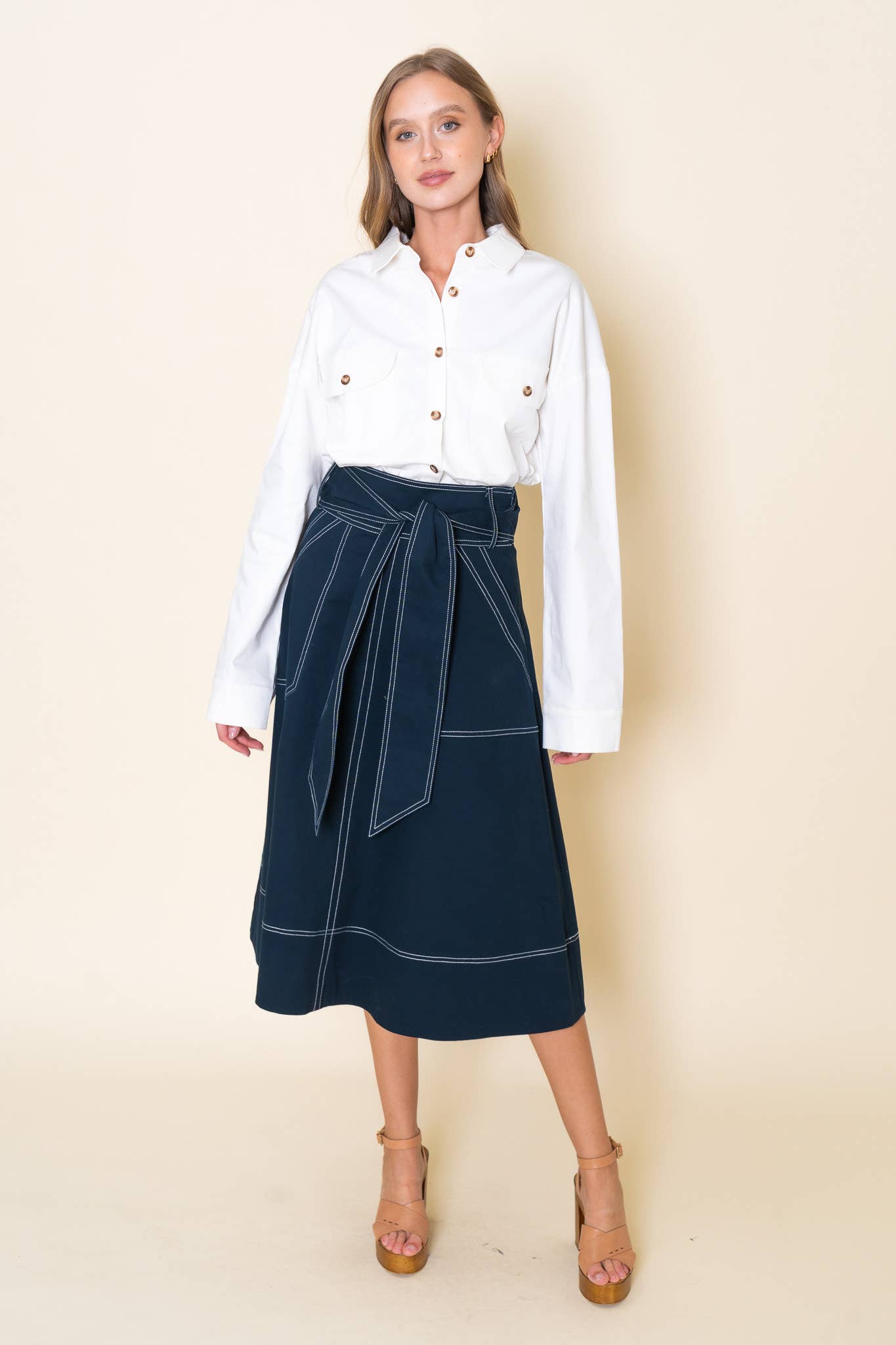 Navy Midi Skirt w/White Stitch Skirt